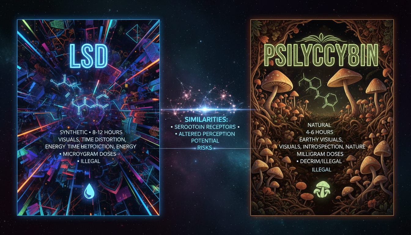 LSD vs Psilocybin: 7 Key Differences Between LSD and Magic Mushrooms (2026) LSD vs Psilocybin