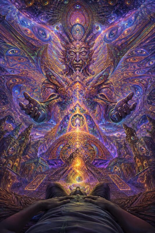 Is DMT Legal psychedelic vision art with cosmic entity glowing fractal patterns surreal hallucination inspired digital artwork