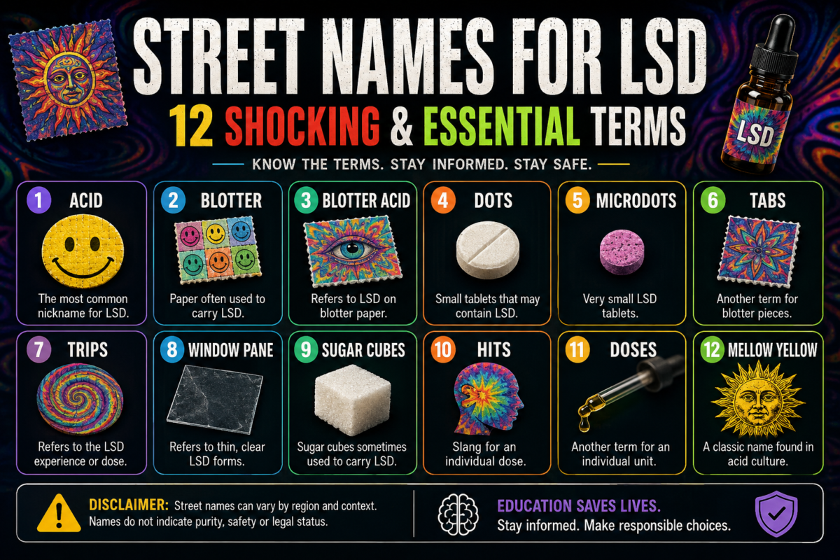 Street names for LSD infographic showing acid, blotter, tabs, microdots, trips and window pane