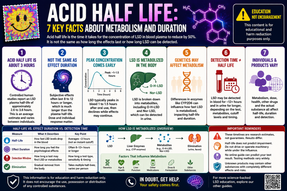 Acid half life infographic explaining seven facts about metabolism, duration and detection time