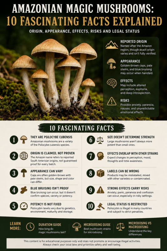 Amazonian Magic Mushrooms: 10 Fascinating Facts Amazonian magic mushrooms infographic explaining reported origin, appearance, potency variability, effects, risks and legal status