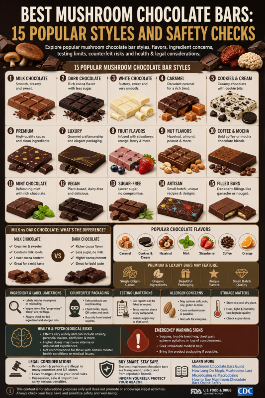Best Mushroom Chocolate Bars: 15 Popular Styles Explained Best mushroom chocolate bars infographic showing 15 popular styles, flavor options, ingredient concerns, counterfeit packaging, testing limits and health risks