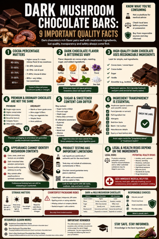 Dark mushroom chocolate bars infographic explaining cocoa percentage, ingredients, sugar, premium quality, testing limitations and health risks