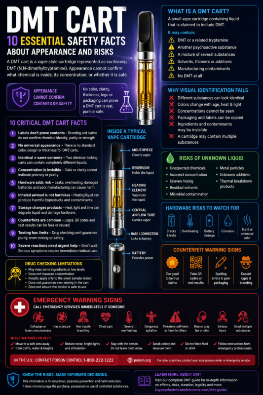 DMT Cart: 10 Essential Safety Facts Revealed DMT cart infographic explaining 10 essential safety facts about appearance, unknown liquid, hardware risks and emergency warning signs