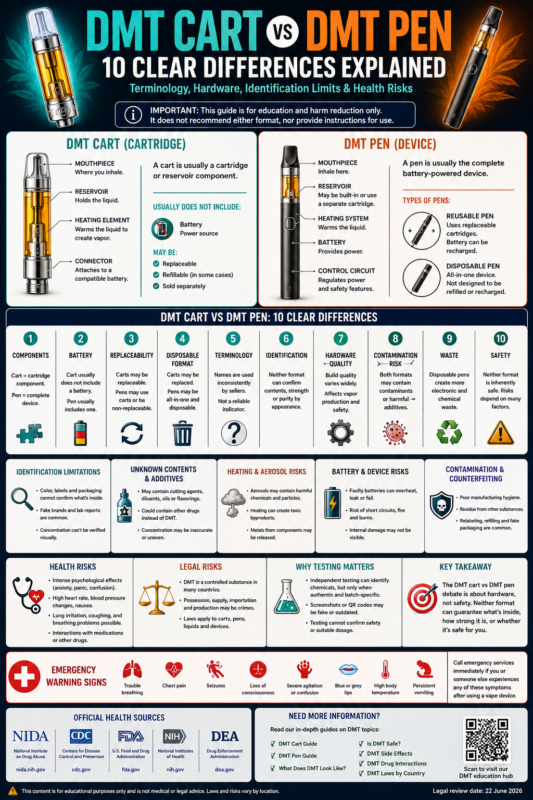 DMT cart vs DMT pen infographic comparing cartridge components, complete devices, disposable hardware, identification limitations and health risks
