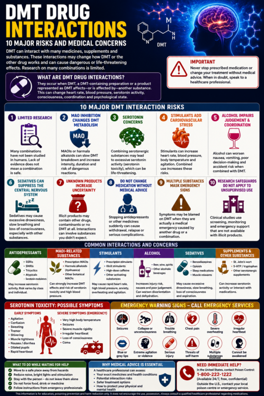 DMT drug interactions infographic covering antidepressants, MAOIs, stimulants, alcohol, serotonin toxicity and emergency warning signs