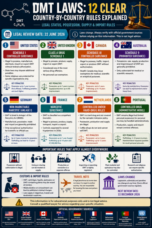 DMT Laws: 12 Clear Country Rules Explained DMT laws infographic comparing legal status in the United States, United Kingdom, Canada, Australia and selected European countries