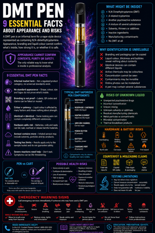 DMT pen infographic explaining 9 essential facts about appearance, device components, unknown liquid risks and emergency warning signs