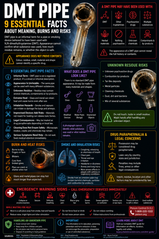 DMT pipe infographic explaining appearance, residue, burn risks, inhalation hazards and emergency warning signs
