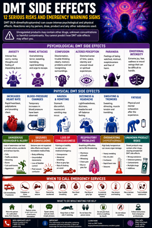 DMT Side Effects: 12 Important Risks Explained DMT side effects infographic showing anxiety, panic, confusion, increased heart rate, blood-pressure changes, seizures and emergency warning signs