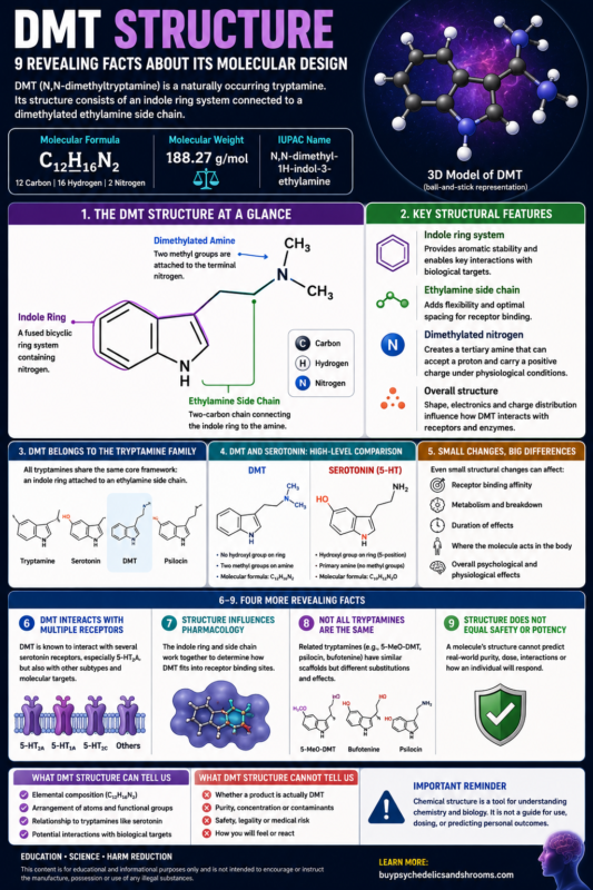 DMT structure infographic showing molecular formula, indole ring, tryptamine side chain and comparison with serotonin