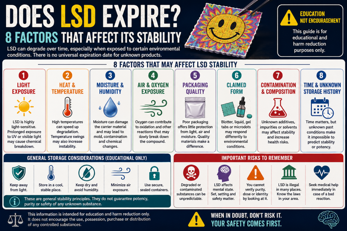 Does LSD expire infographic showing eight factors that affect LSD stability