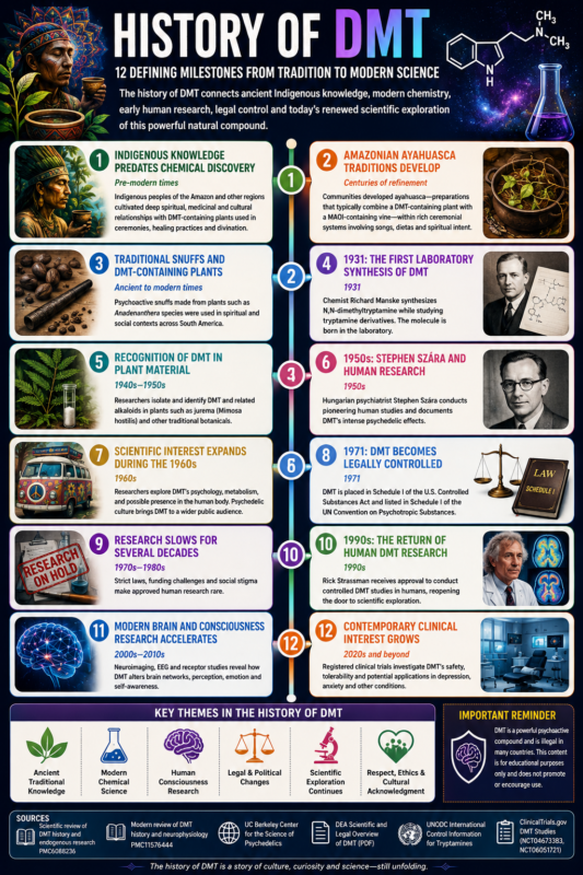History of DMT infographic showing Indigenous traditions, the 1931 synthesis, early human research, legal control and modern clinical interest