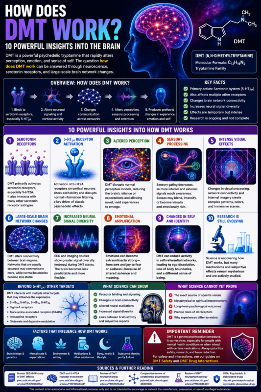 How does DMT work infographic explaining serotonin receptors, perception, sensory processing, brain networks, emotions and research limitations