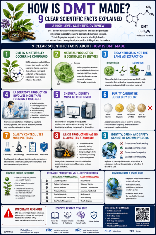 How is DMT made infographic explaining natural biosynthesis, laboratory quality control, analytical testing, contamination and illicit production risks