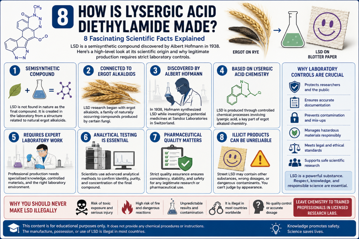 How Is Lysergic Acid Diethylamide Made? 8 Fascinating Facts how is lysergic acid diethylamide made infographic explaining eight scientific facts about LSD history and laboratory controls