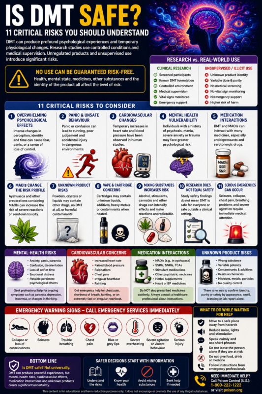 Is DMT safe infographic explaining mental-health risks, cardiovascular concerns, medication interactions and contaminated products