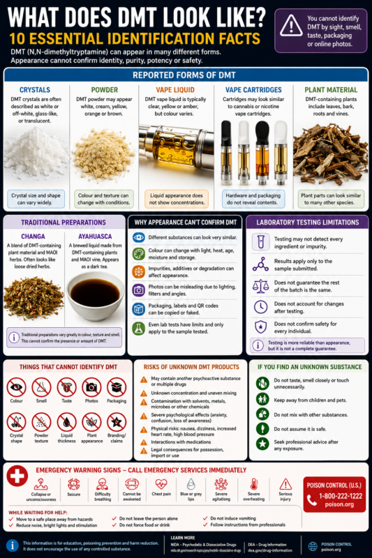 What does DMT look like infographic showing crystals, powder, vape liquid, cartridges, plant material and identification limits