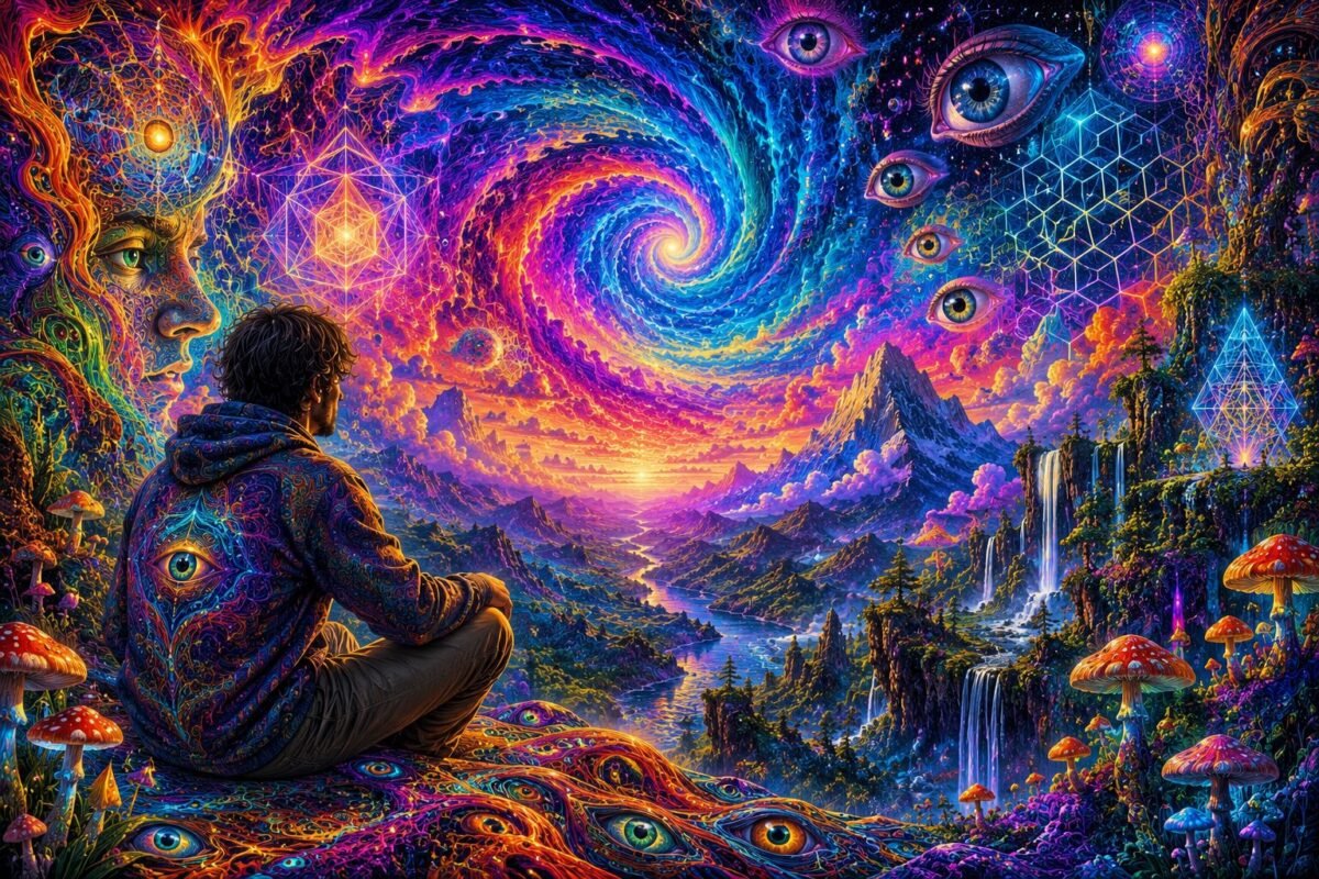 Acid tripper experiencing an abstract psychedelic landscape representing altered perception during an LSD trip