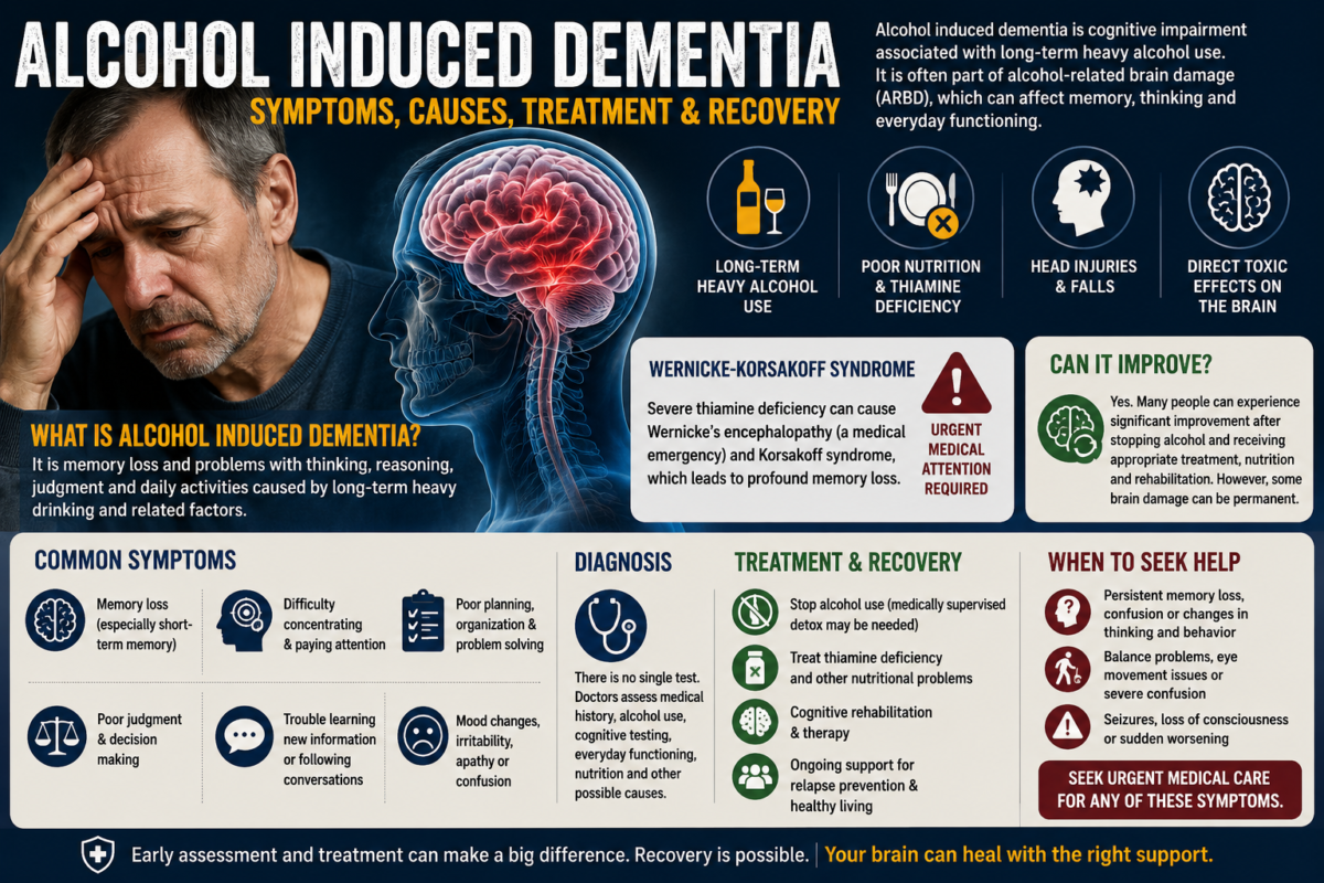 Alcohol-Induced Dementia: Symptoms, Causes, Treatment & Recovery Alcohol induced dementia symptoms and alcohol related brain damage educational infographic
