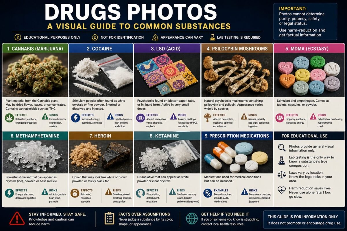 Drugs Photos educational infographic showing common substance categories, examples, visual characteristics, effects, risks, and identification limitations.