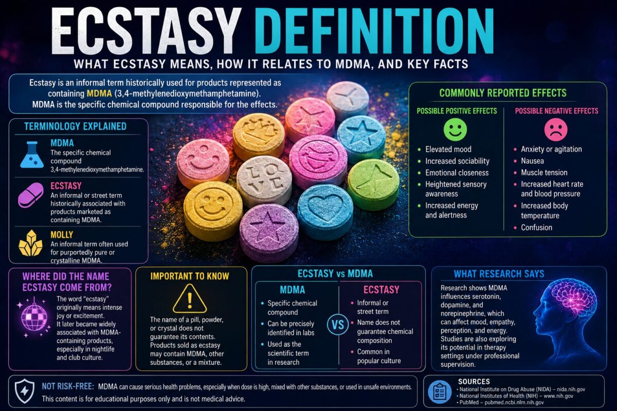 Ecstasy Definition infographic explaining what ecstasy means, how it relates to MDMA, terminology, effects, risks, and research.