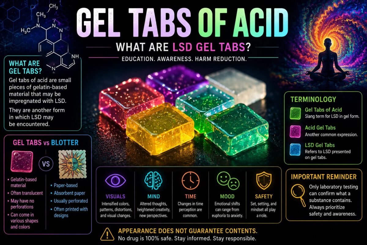 Educational illustration representing gel tabs of acid, with abstract psychedelic patterns and scientific visual elements used to explain LSD gel-tab terminology and appearance.