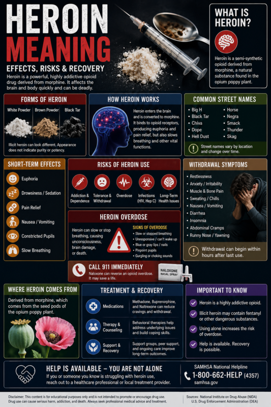 Heroin Meaning: What Is Heroin, Its Effects, Risks & History? Heroin meaning effects risks withdrawal and recovery educational infographic