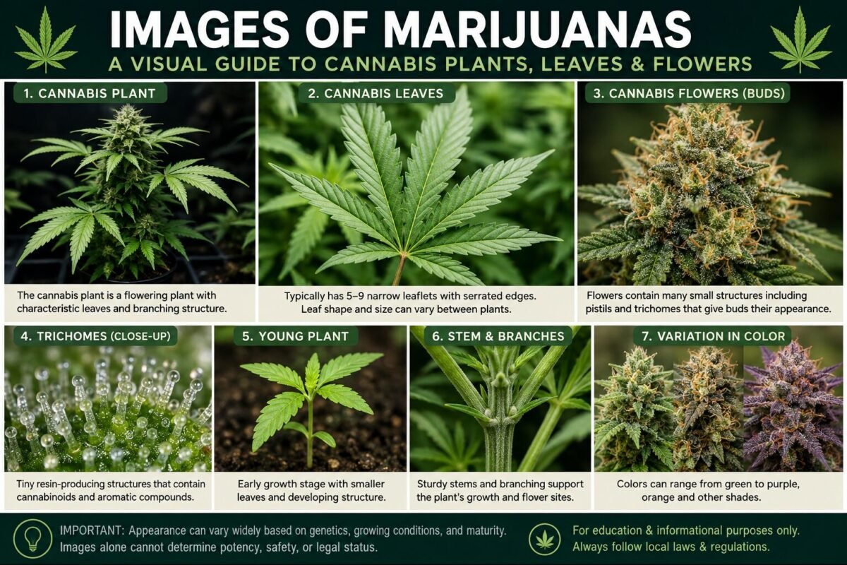 Images of Marijuanas showing cannabis plants, leaves, flowers, trichomes, stems, and natural color variations.