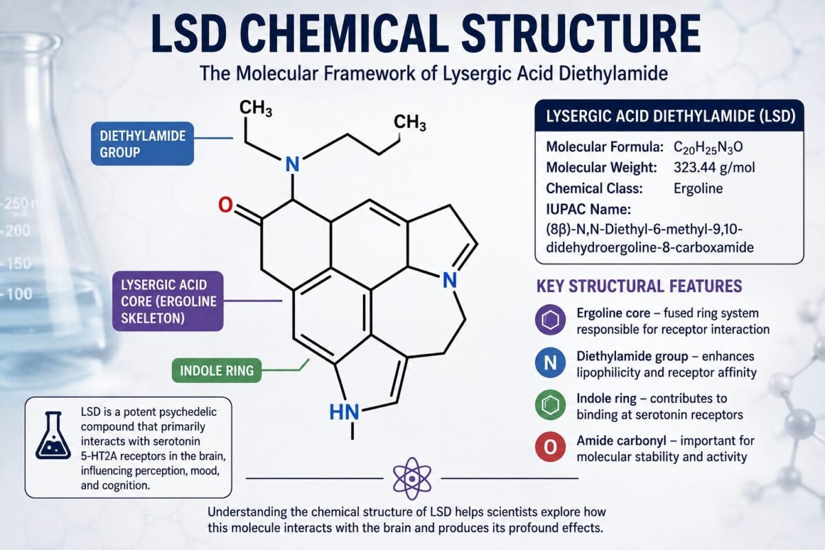 LSD chemical structure educational illustration showing the molecular framework of lysergic acid diethylamide