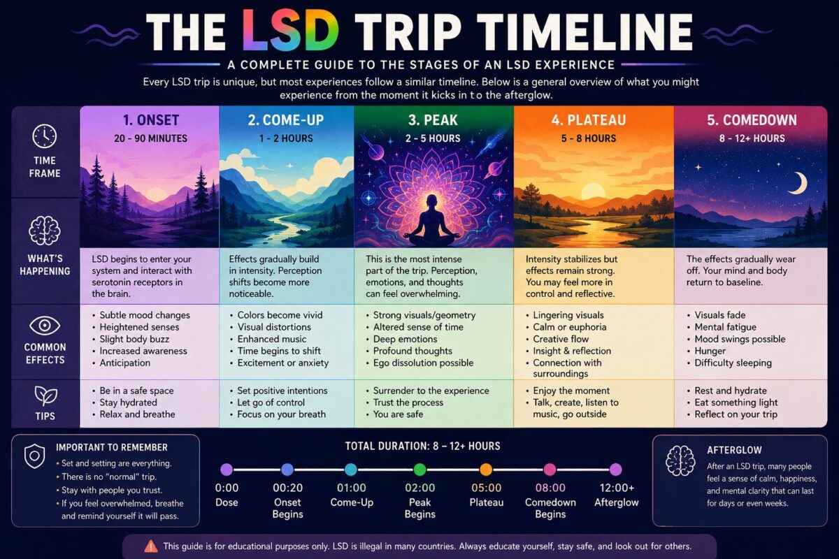 LSD Trip timeline infographic showing the onset, come-up, peak, plateau, and comedown stages of an LSD experience.