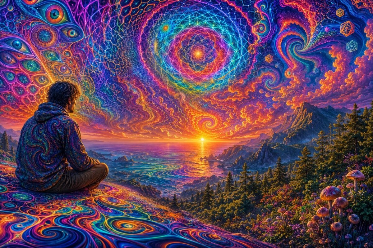 LSD visuals showing colorful geometric patterns, swirling shapes, fractals, visual distortions, and an altered psychedelic landscape.