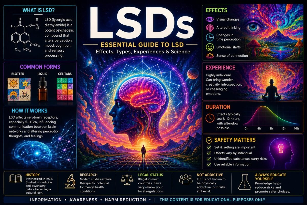 LSDs educational illustration showing LSD terminology, psychedelic visuals, and scientific concepts