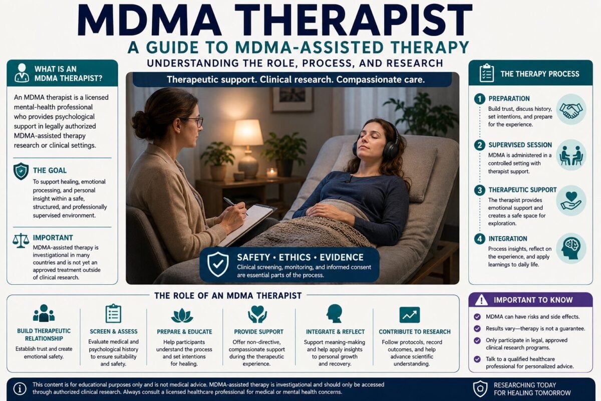 MDMA Therapist: A Guide to MDMA-Assisted Therapy MDMA Therapist guiding a patient through a professionally supervised MDMA-assisted therapy session in a clinical setting.