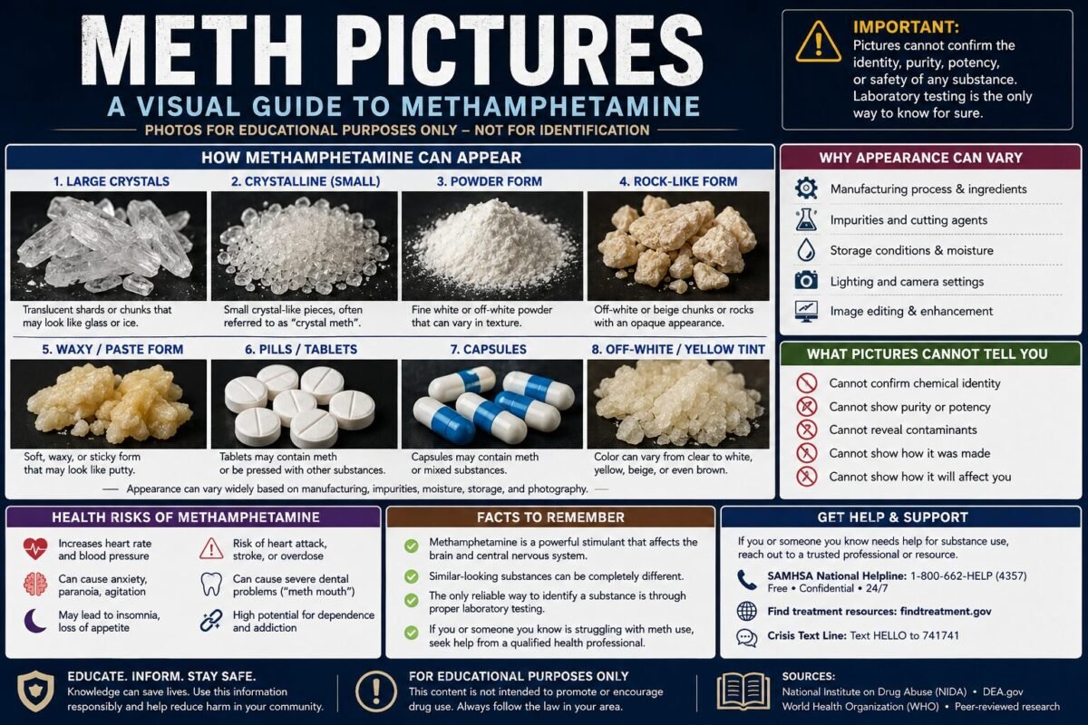 Meth Pictures educational infographic showing different methamphetamine appearances, health risks, and limits of visual identification.