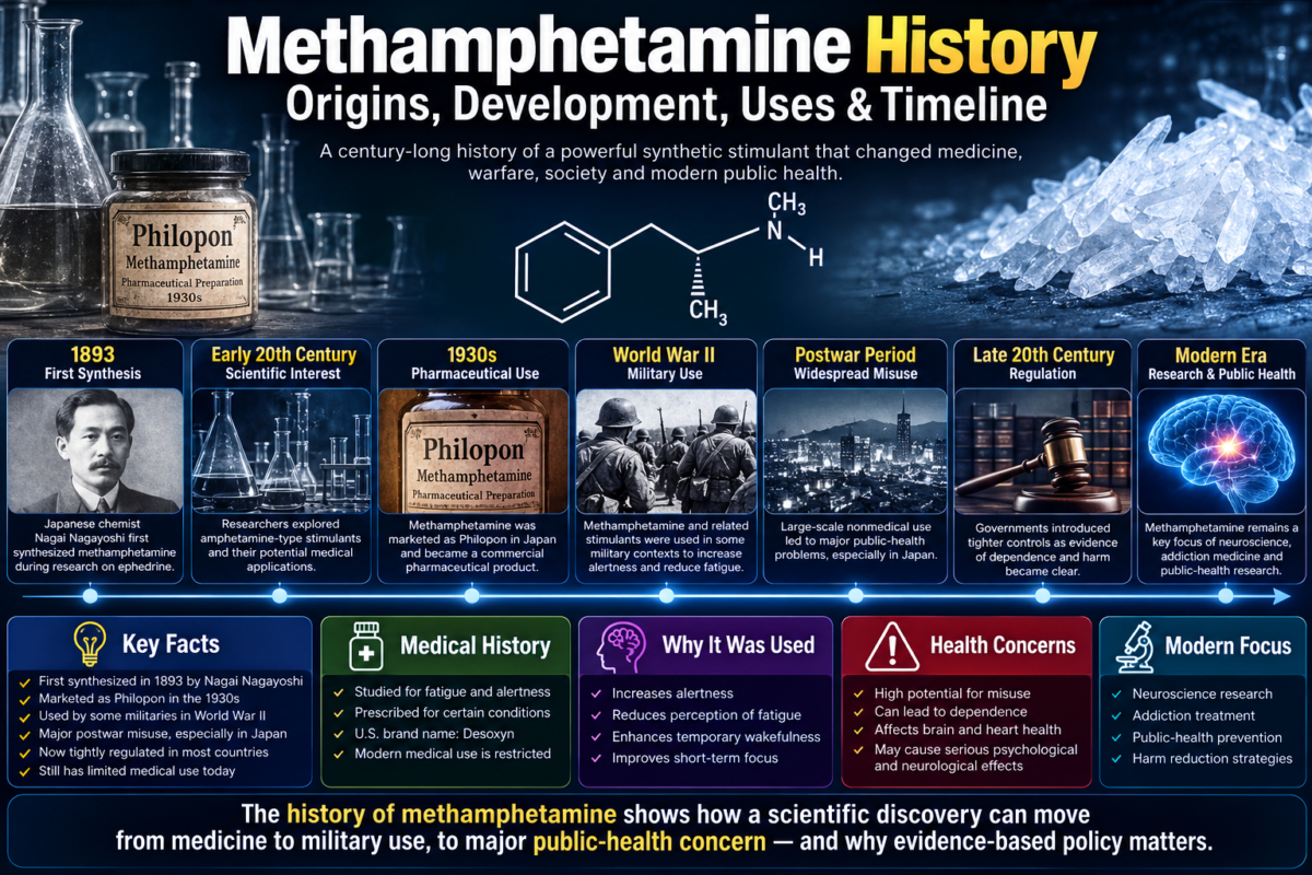 Methamphetamine History: Origins, Development, Uses & Timeline Methamphetamine history timeline showing its origins development pharmaceutical use wartime history regulation and modern research