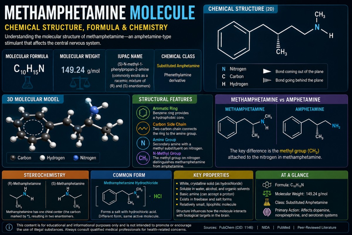 Methamphetamine Molecule: Chemical Structure, Formula & Chemistry Methamphetamine molecule chemical structure formula stereochemistry and molecular properties infographic