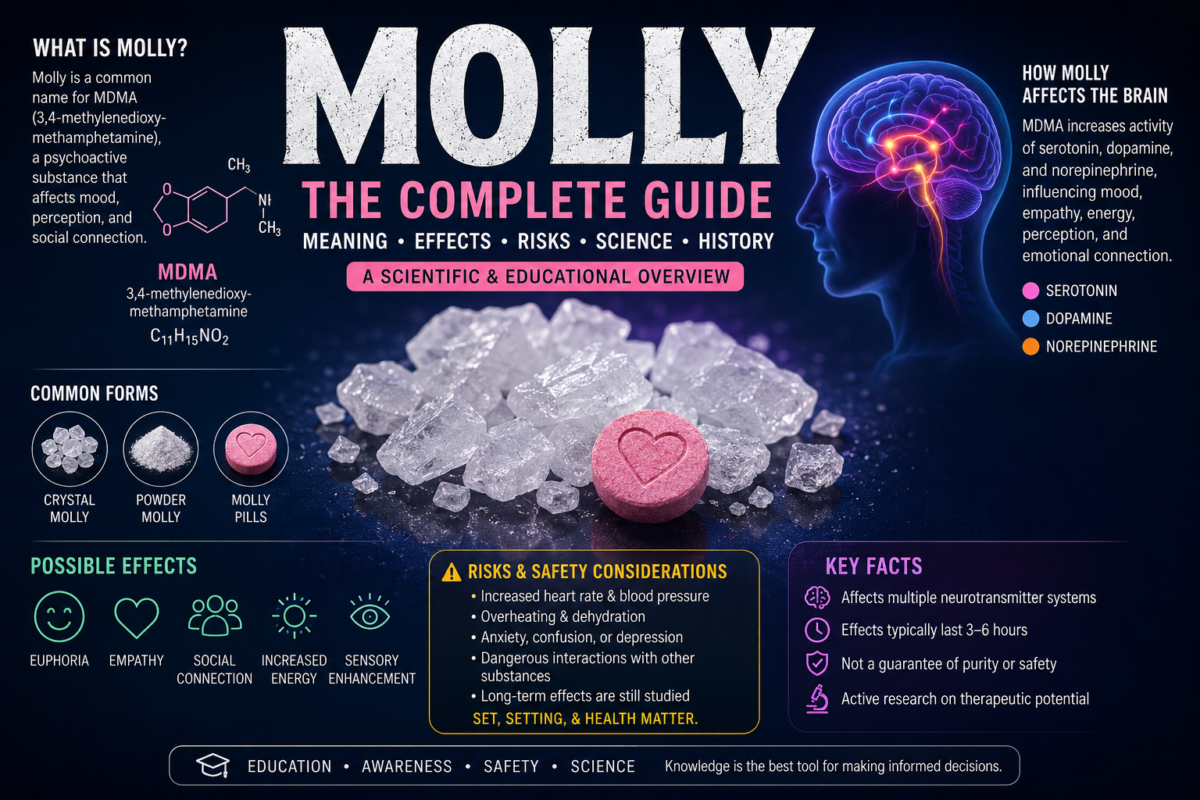 Molly educational infographic explaining MDMA meaning, effects, risks, brain activity, and history
