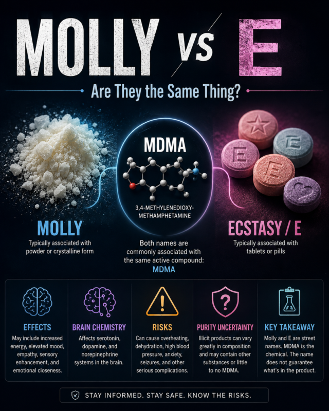 Molly vs E: Are They the Same Thing? Molly vs E MDMA and Ecstasy comparison showing common forms effects risks and purity uncertainty