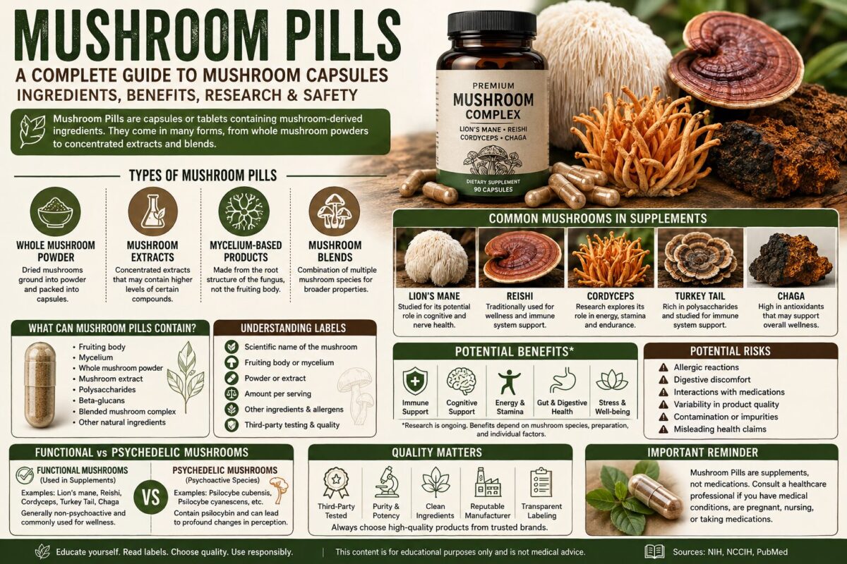 Mushroom Pills infographic explaining mushroom capsules, common ingredients, extracts, research, benefits, and potential risks.