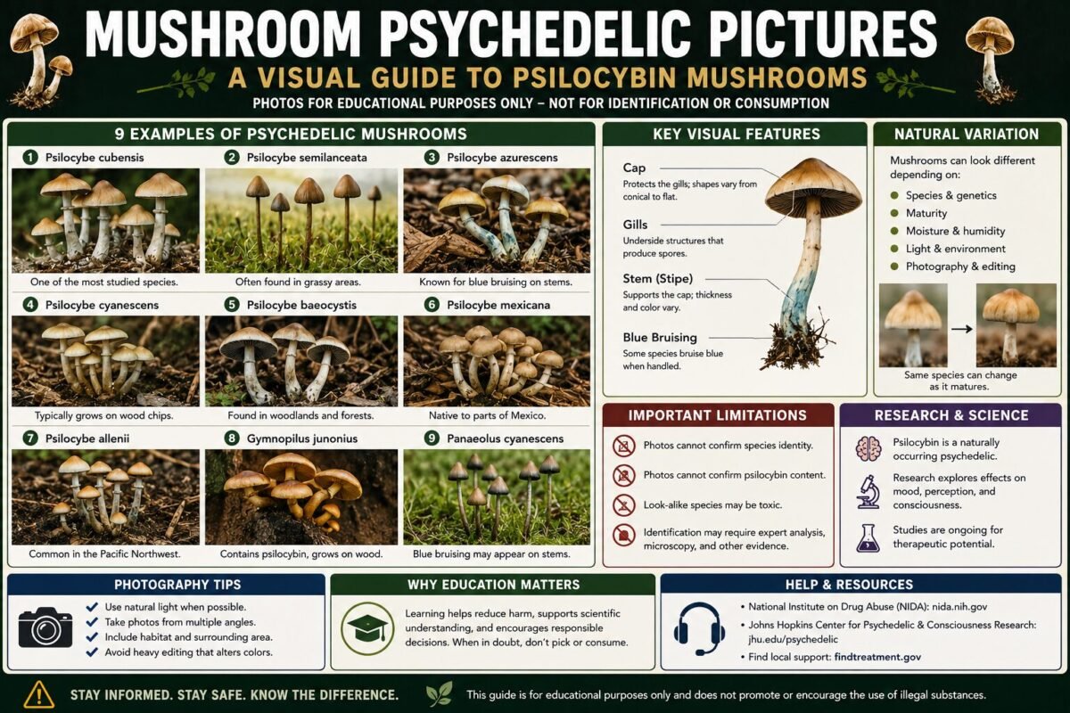 Mushroom Psychedelic Pictures: A Visual Guide Mushroom Psychedelic Pictures showing psychedelic fungi, mushroom caps, stems, gills, natural color variation, and botanical features.