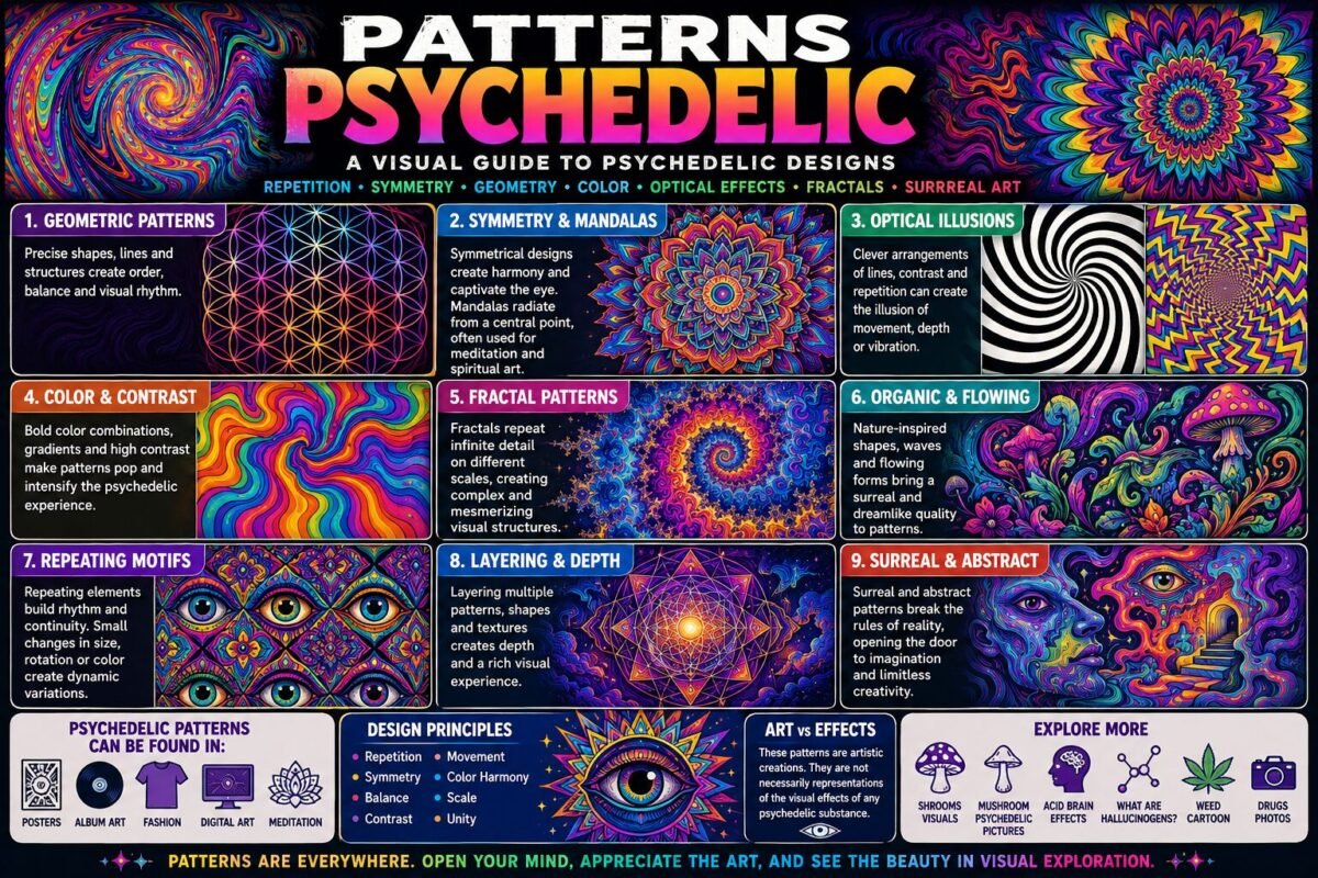 Patterns Psychedelic visual guide featuring colorful geometric designs, symmetry, fractal-inspired forms, optical illusions, repeating motifs, and surreal patterns.