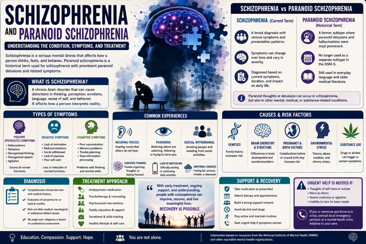 Schizophrenia and paranoid schizophrenia educational infographic explaining symptoms diagnosis treatment and recovery
