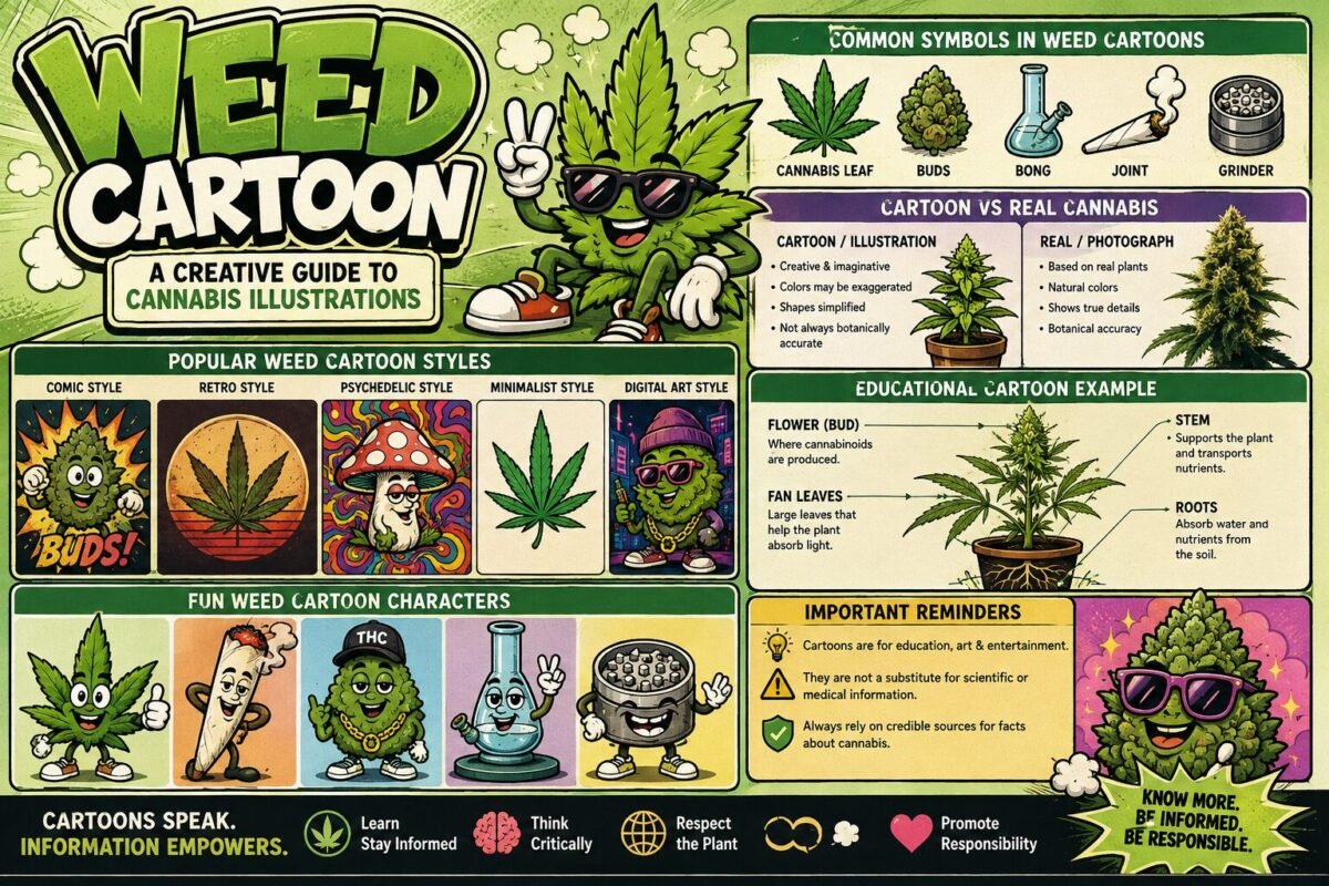 Weed Cartoon featuring creative cannabis illustrations, marijuana leaves, plants, characters, symbols, and educational visual elements.