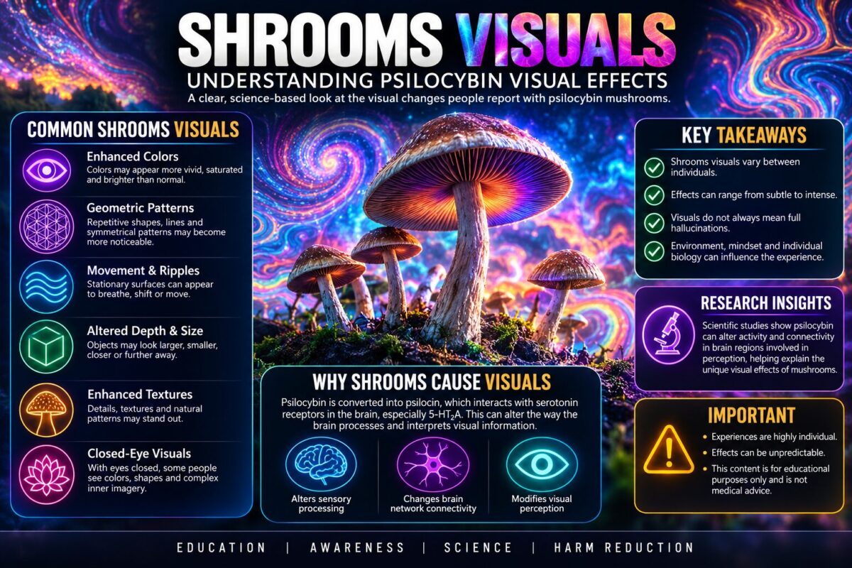 Shrooms Visuals infographic showing psilocybin visual effects, geometric patterns, enhanced colors, movement, altered depth, textures, and closed-eye imagery.