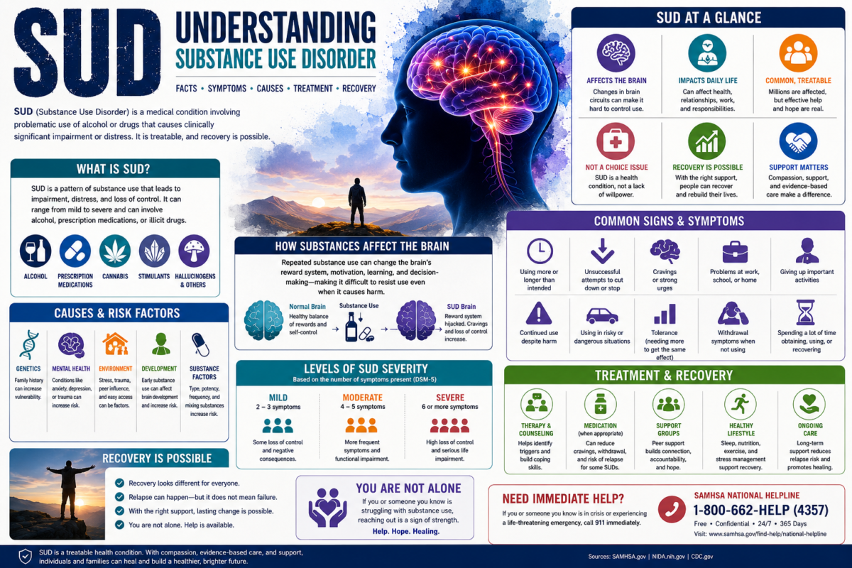 SUD educational infographic explaining substance use disorder symptoms causes treatment and recovery