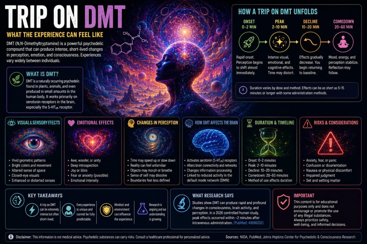 Trip on DMT infographic explaining the psychedelic experience, visual effects, altered perception, brain effects, duration, and potential risks.