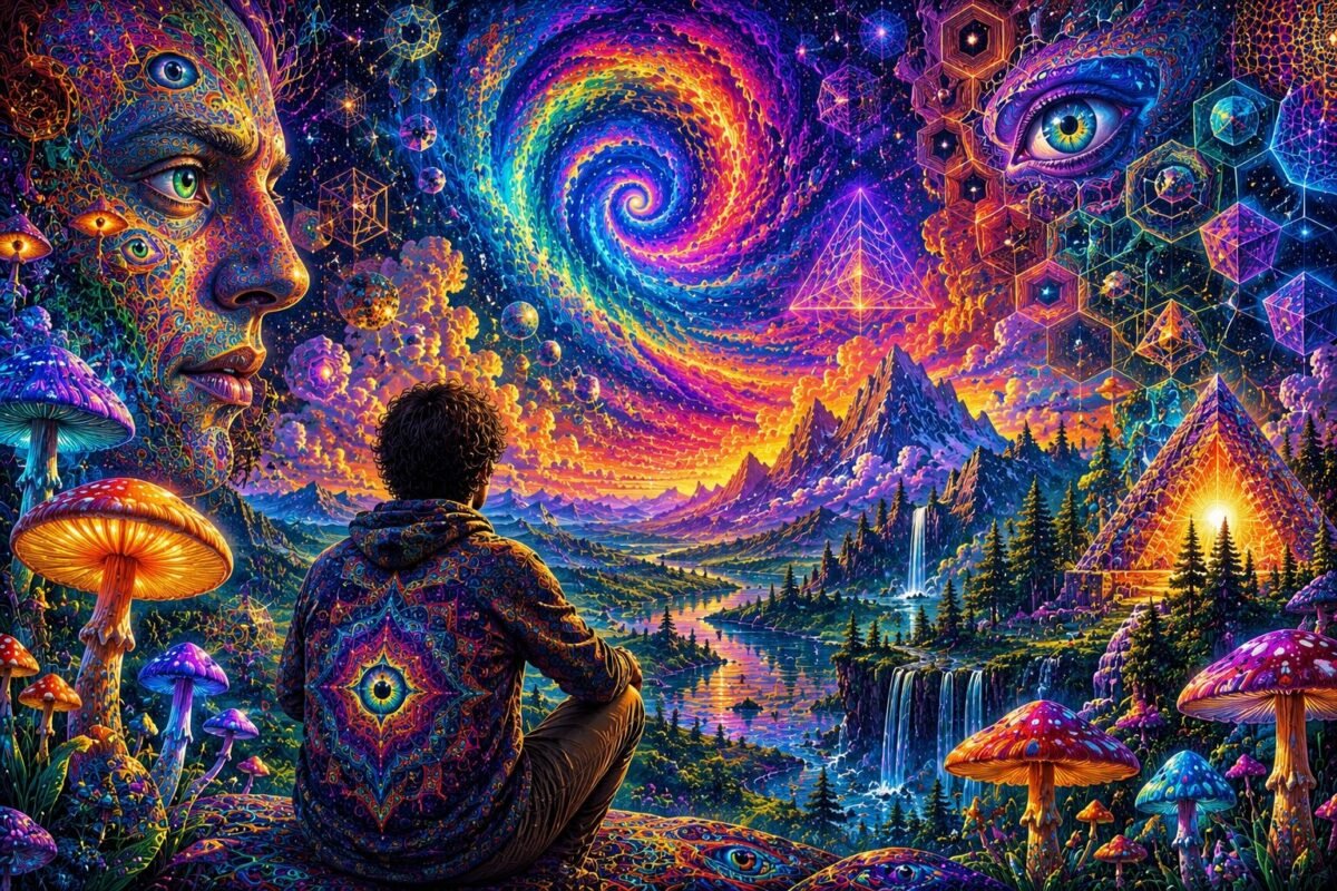 Tripped on acid illustration representing altered perception, colorful visual effects, geometric patterns, and an LSD trip experience
