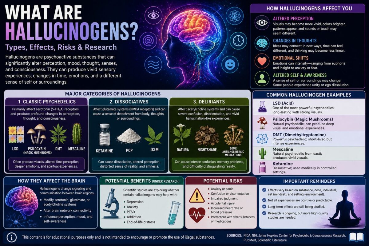 What Are Hallucinogens infographic explaining major types, examples, effects on perception, brain activity, risks, and scientific research.