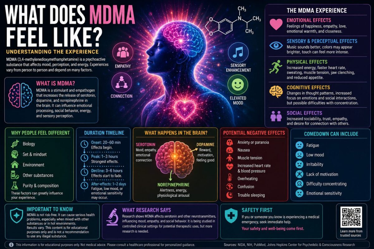 What Does MDMA Feel Like infographic explaining emotional, sensory, physical, cognitive, and social effects of MDMA.